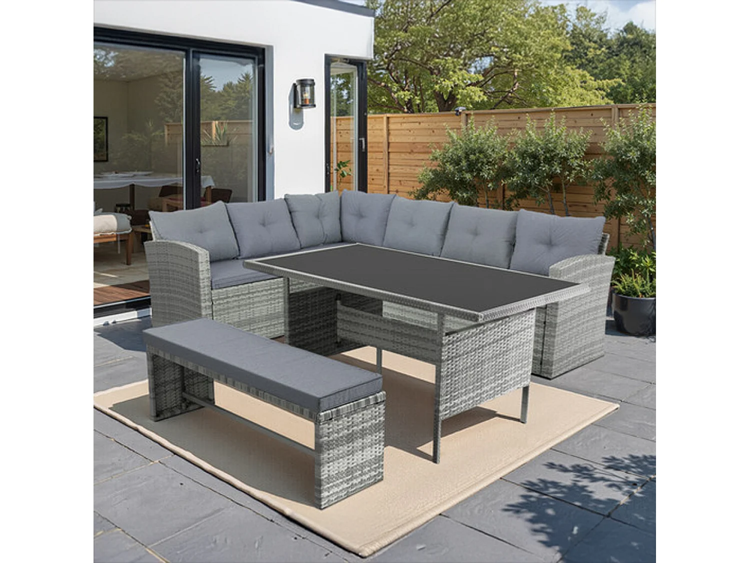 Salon de jardin 8 places avec canapé d'angle en résine tressée grise MOOREA