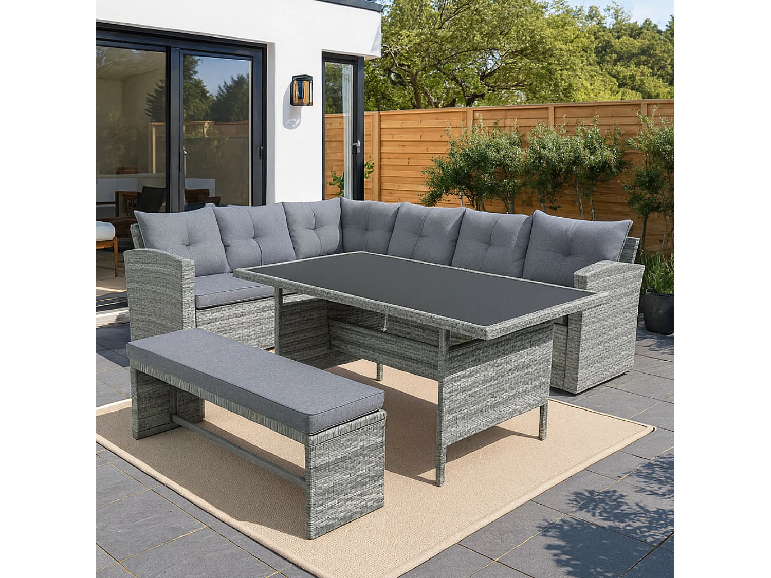 Salon de jardin 8 places avec canapé d'angle en résine tressée grise MOOREA