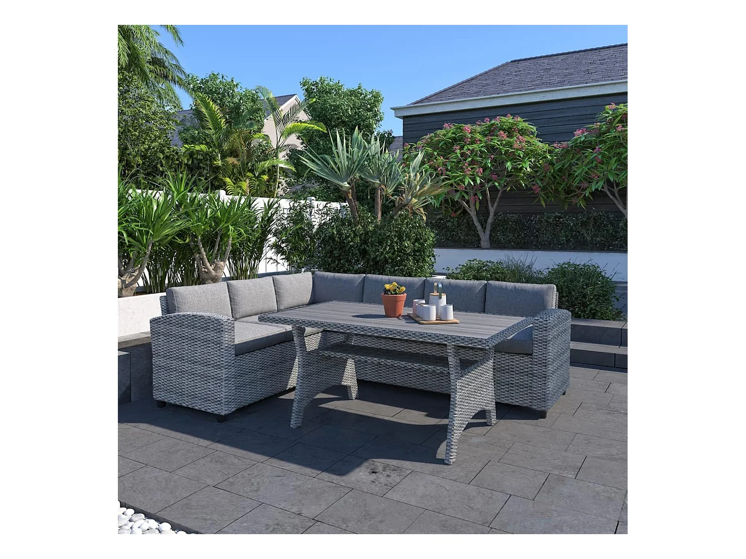 Set da giardino ad angolo per 6 persone in rattan grigio con tavolo - Comodo ed elegante