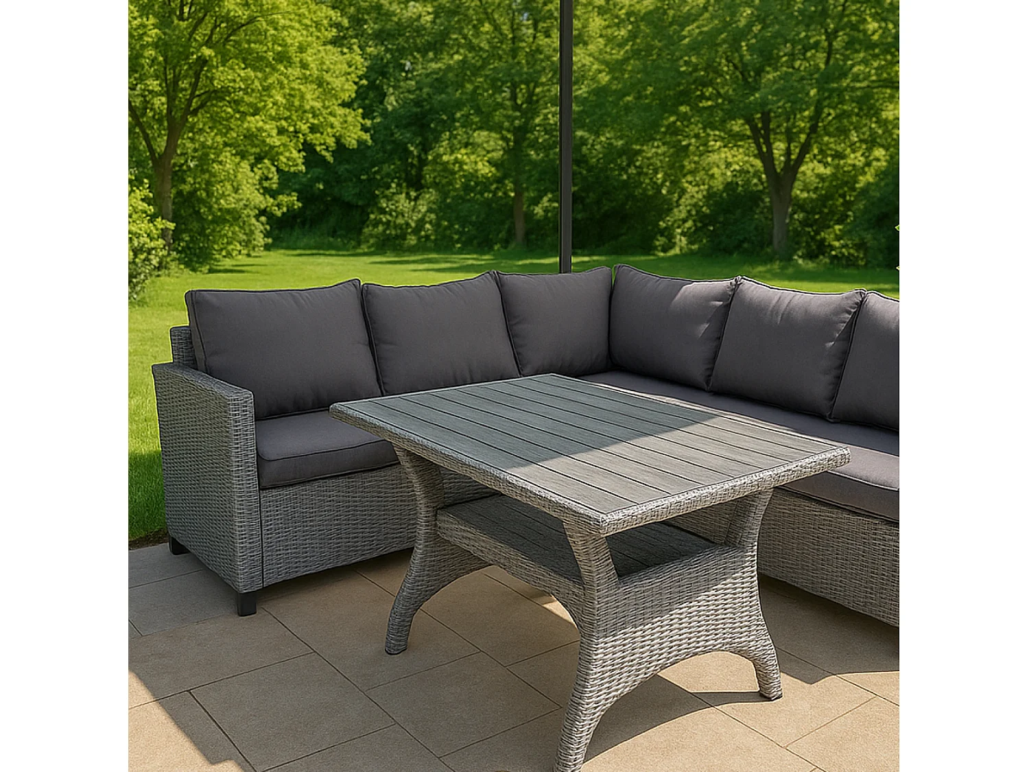 Salon de jardin d'angle 6 places en résine tressée grise avec table TAHAA
