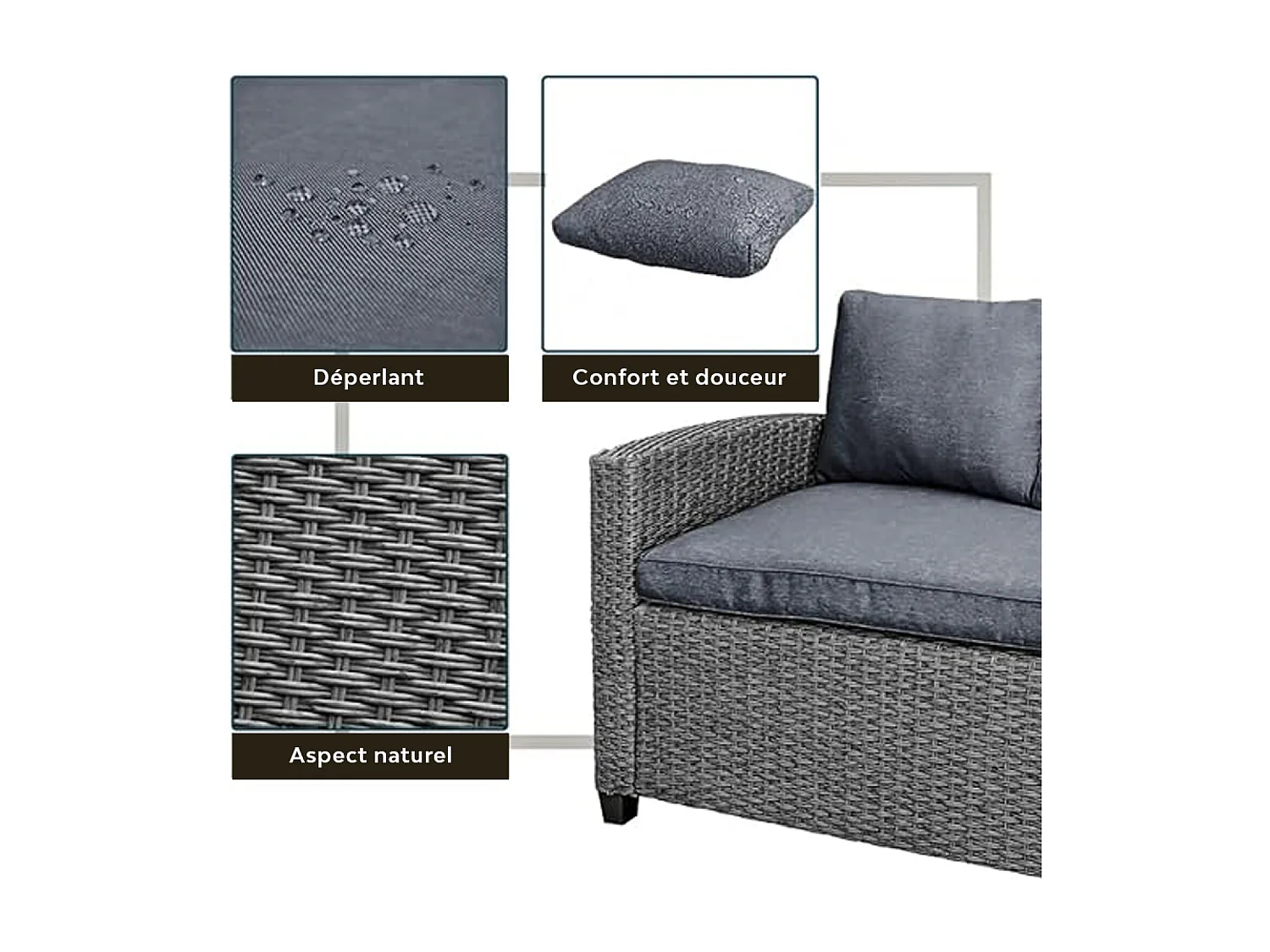 Salon de jardin d'angle 6 places en résine tressée grise avec table TAHAA