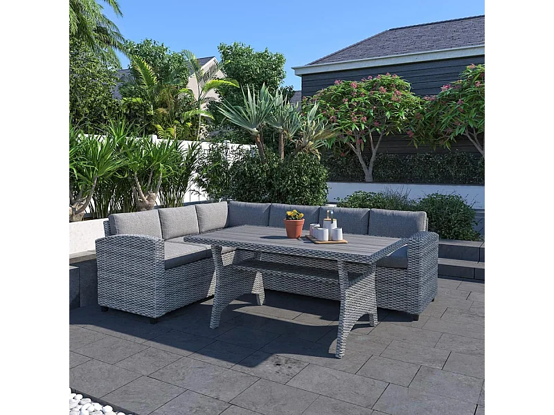 Salon de jardin d'angle 6 places en résine tressée grise avec table TAHAA