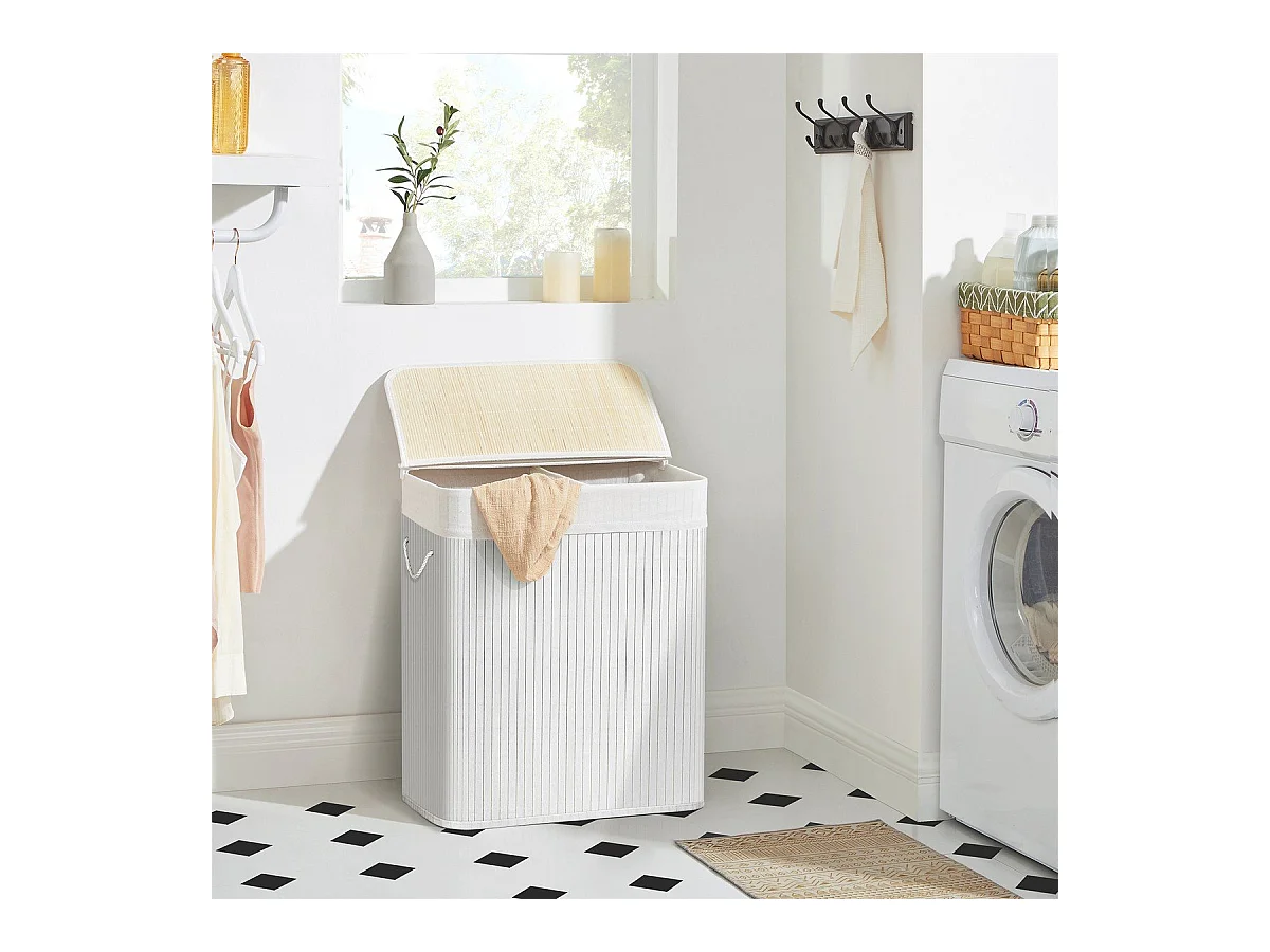 Panier à linge 2 compartiments gris clair avec couvercle - H61,5 cm