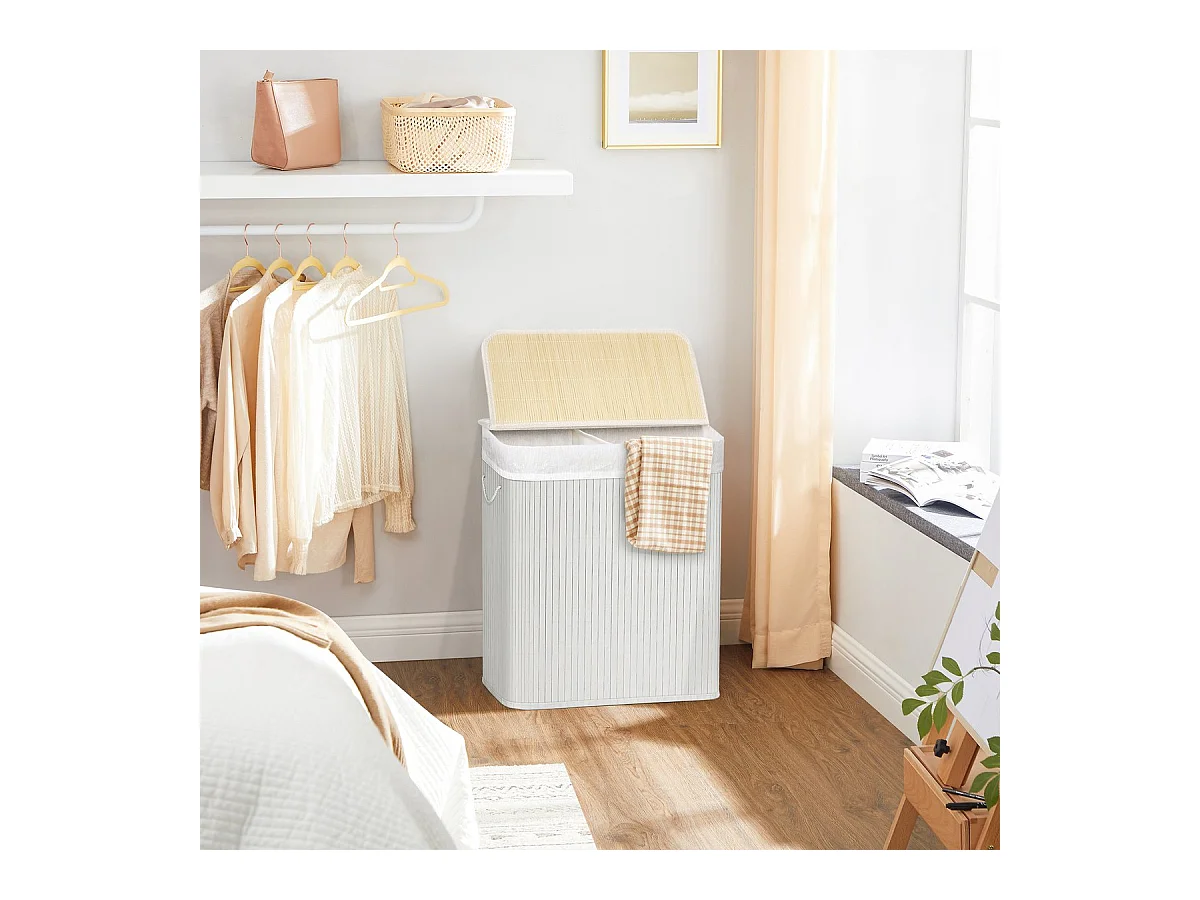 Panier à linge 2 compartiments gris clair avec couvercle - H61,5 cm