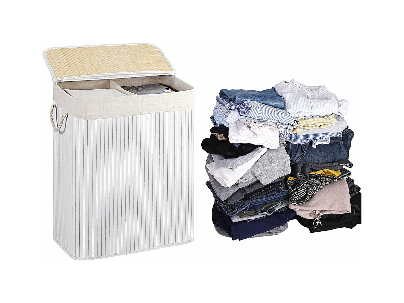 Panier à linge 2 compartiments gris clair avec couvercle - H61,5 cm