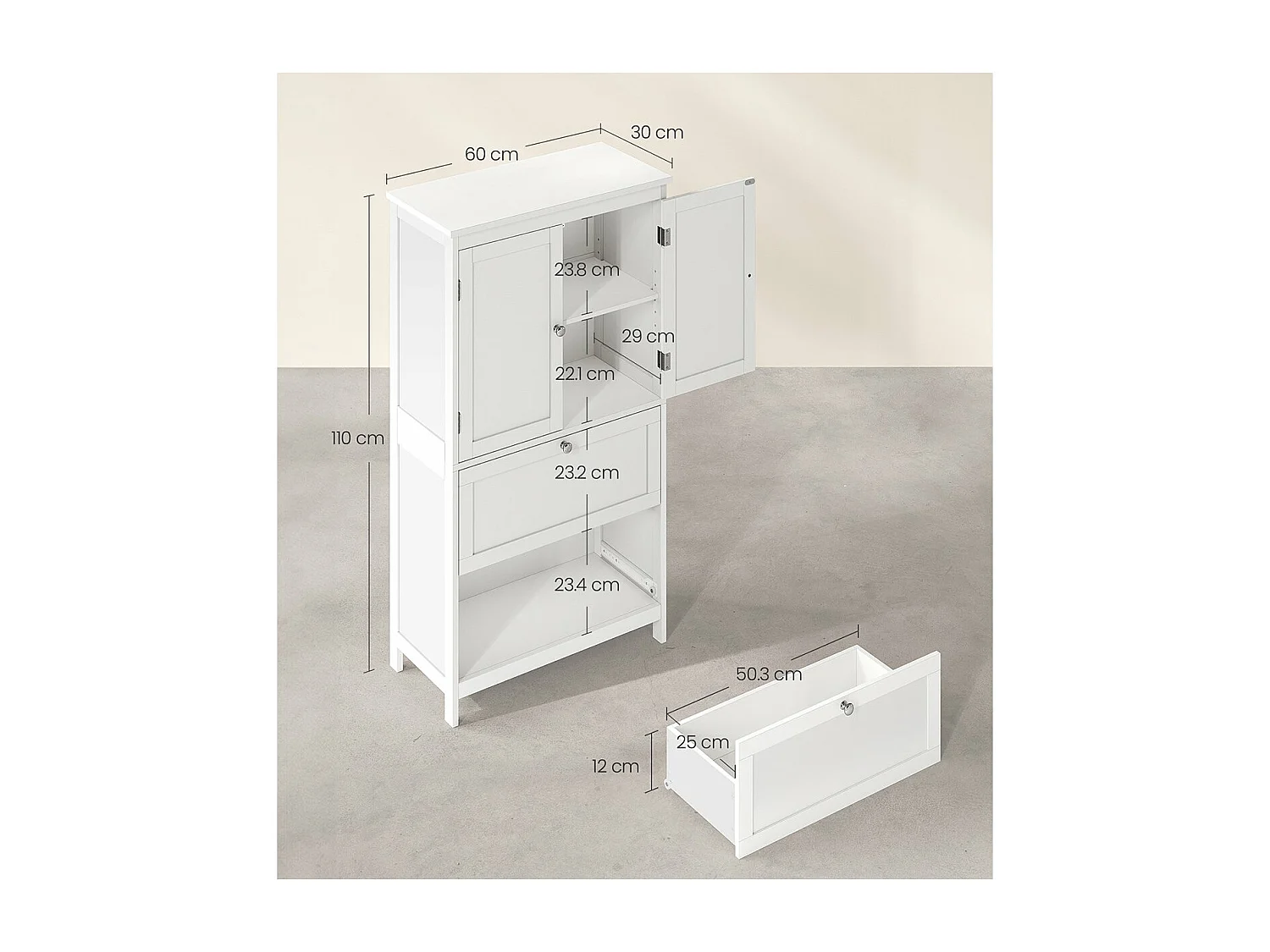 Petit meuble de rangement 2 portes et 2 tiroirs blanc - H110 cm