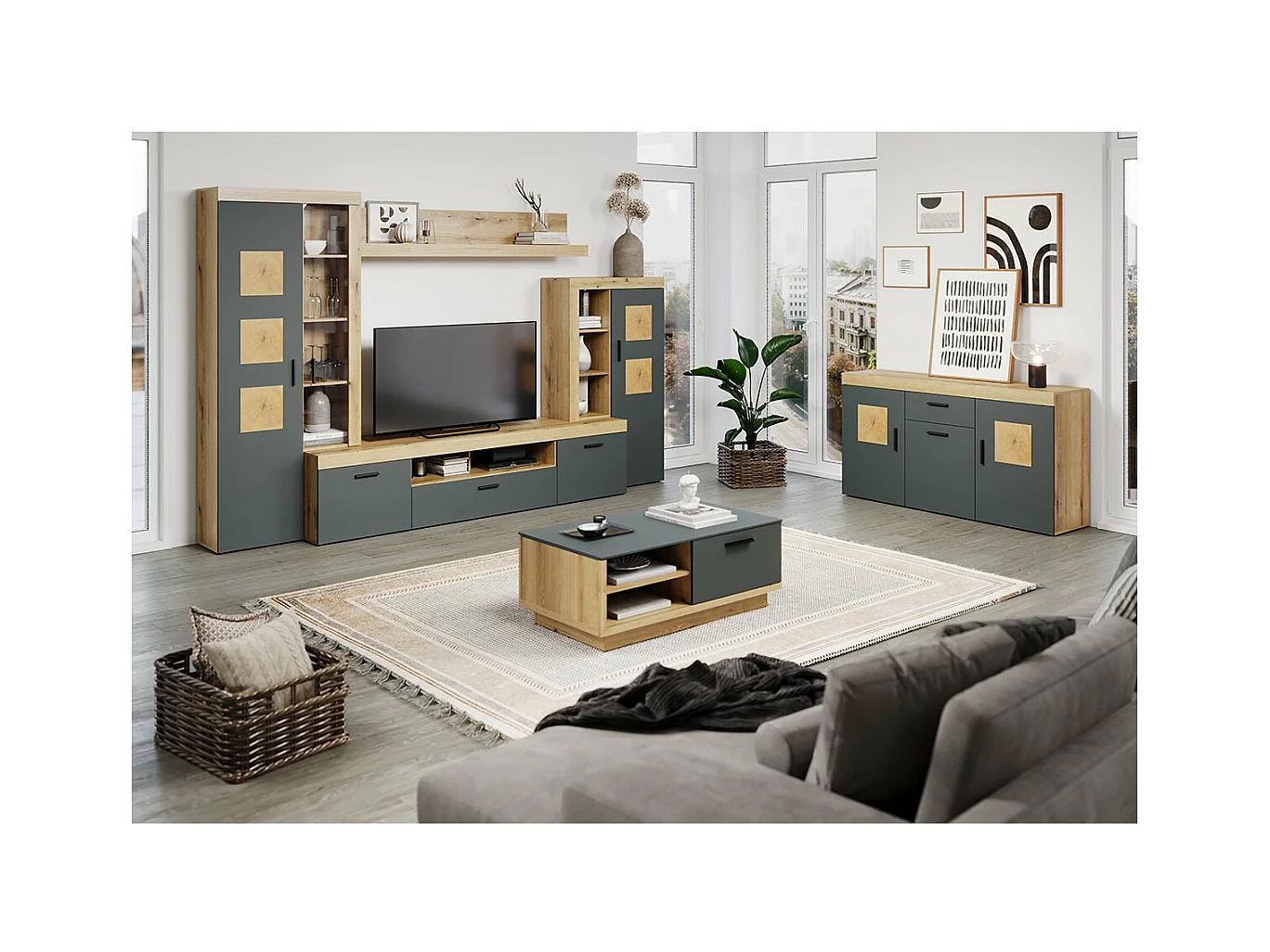 Grand meuble TV 2 portes, 1 abattant et 1 niche L230 cm - TYLER