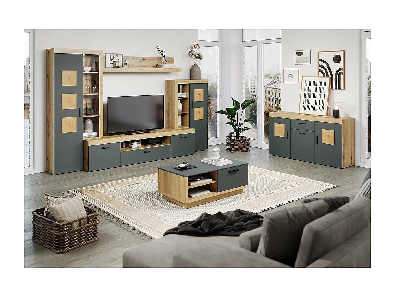 Grand meuble TV 2 portes, 1 abattant et 1 niche L230 cm - TYLER