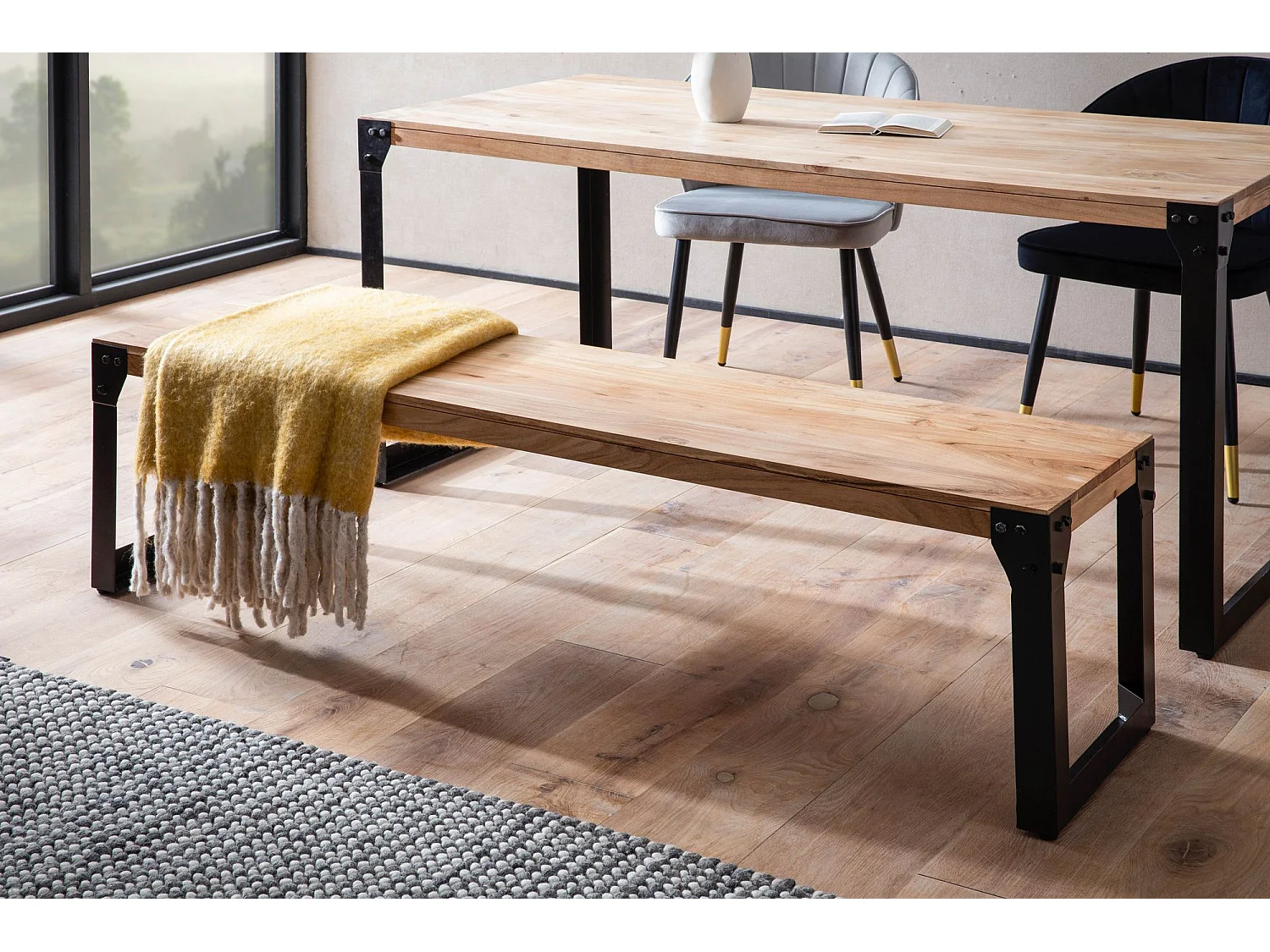 Banc Salle à Manger 160 x 40 x 45 cm Cuisine Bois Massif Acacia Métal Style Industriel