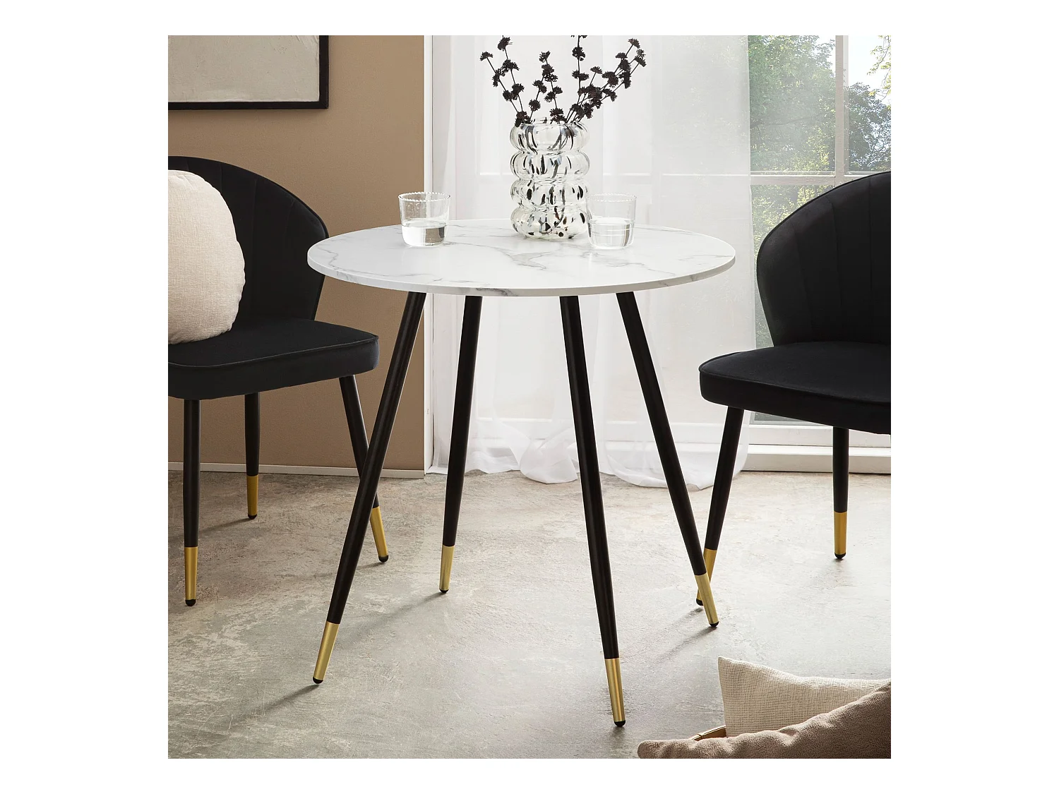 Table Salle à Manger 75 x 75 x 76 cm Petite Blanc Effet Marbre Pieds Métal Moderne