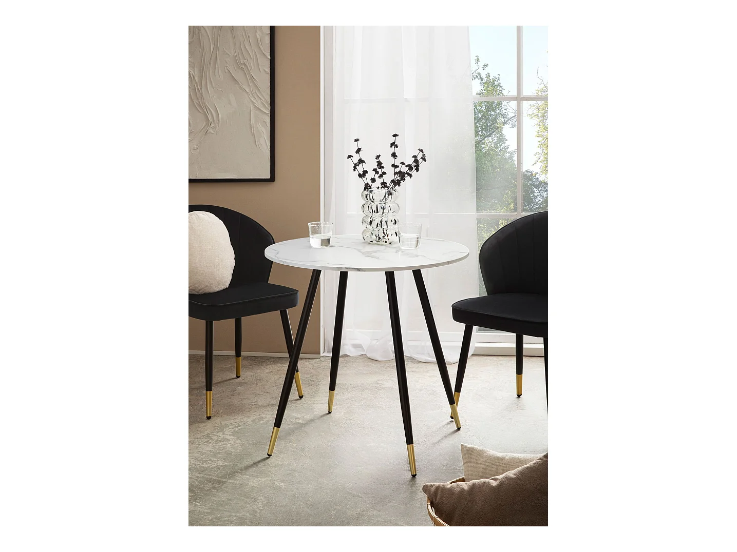 Table Salle à Manger 75 x 75 x 76 cm Petite Blanc Effet Marbre Pieds Métal Moderne