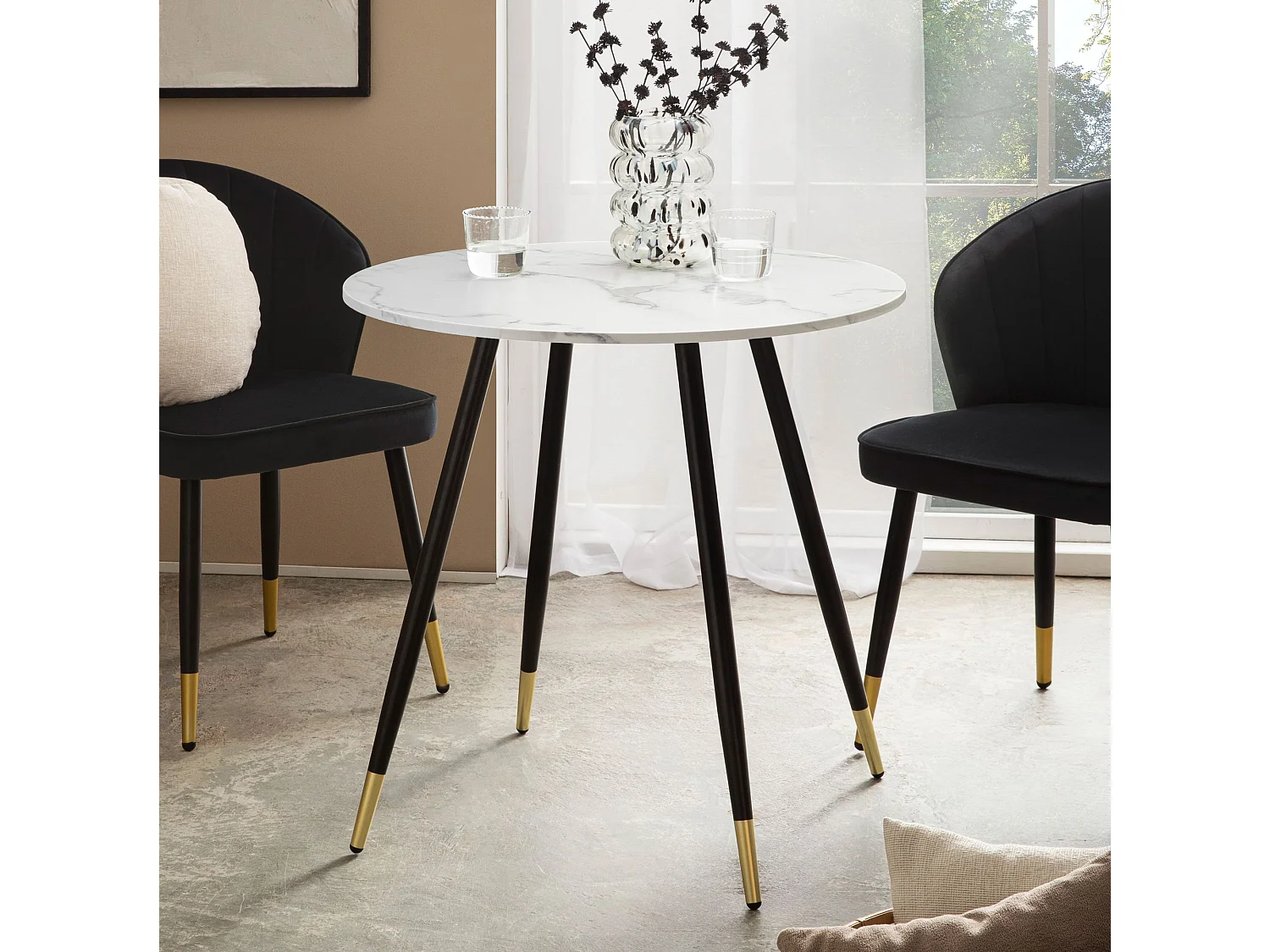 Table Salle à Manger 75 x 75 x 76 cm Petite Blanc Effet Marbre Pieds Métal Moderne