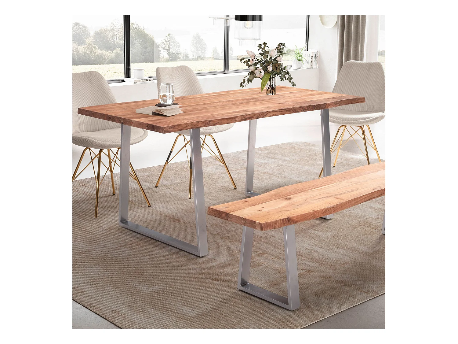 Table Salle à Manger 140 x 80 x 76 cm Bois Massif d’Acacia Métal Cuisine Bords Naturels