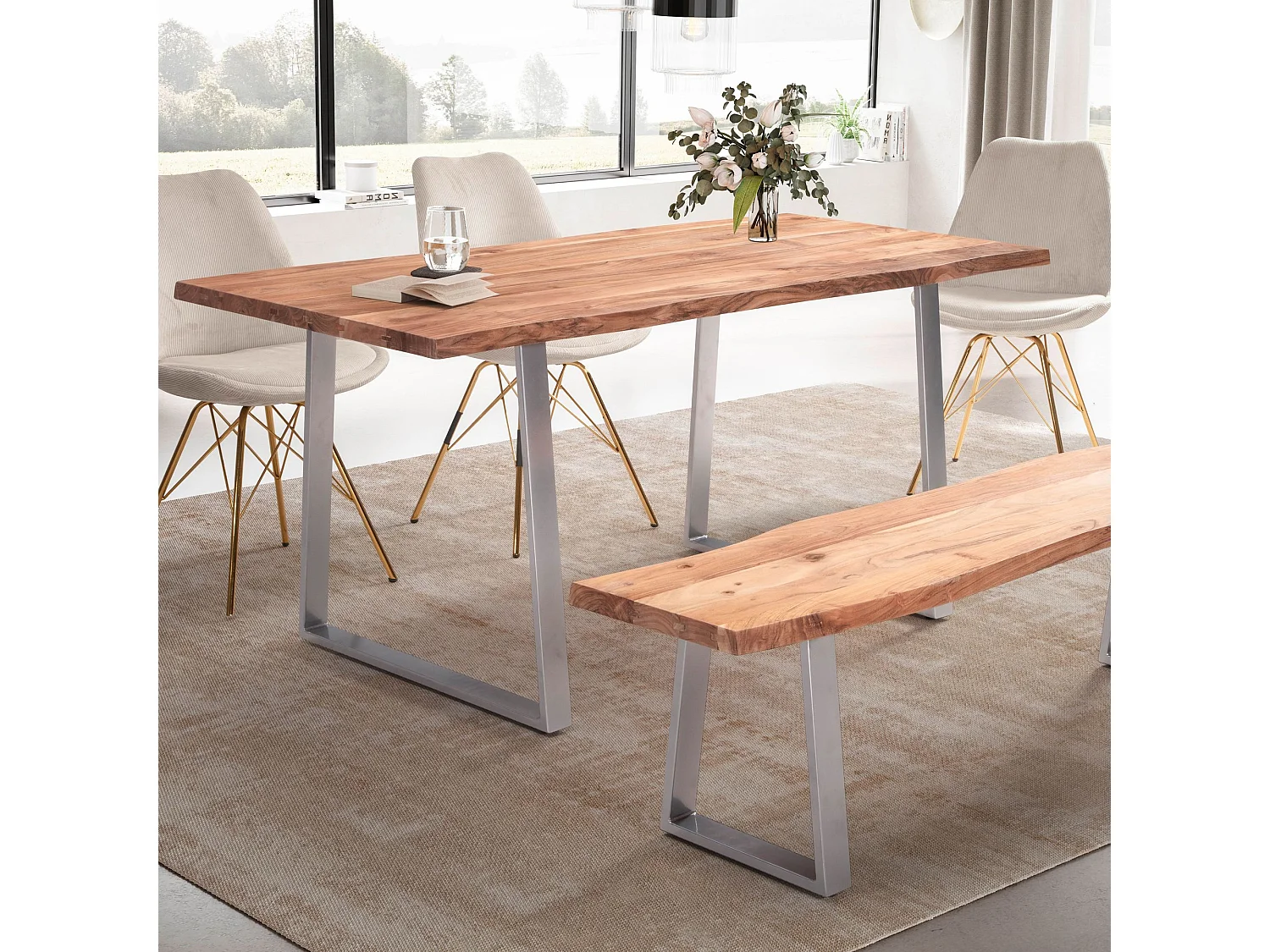 Table Salle à Manger 140 x 80 x 76 cm Bois Massif d’Acacia Métal Cuisine Bords Naturels