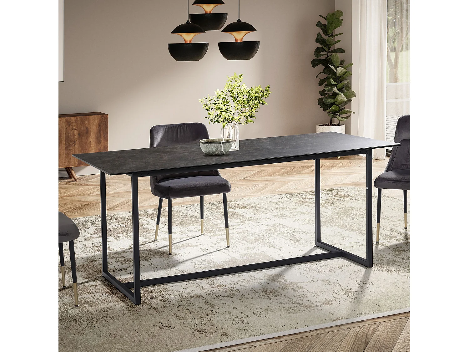 Table de Salle à Manger Cuisine 180 x 90 x 76 cm Noir Céramique Verre Grande Moderne