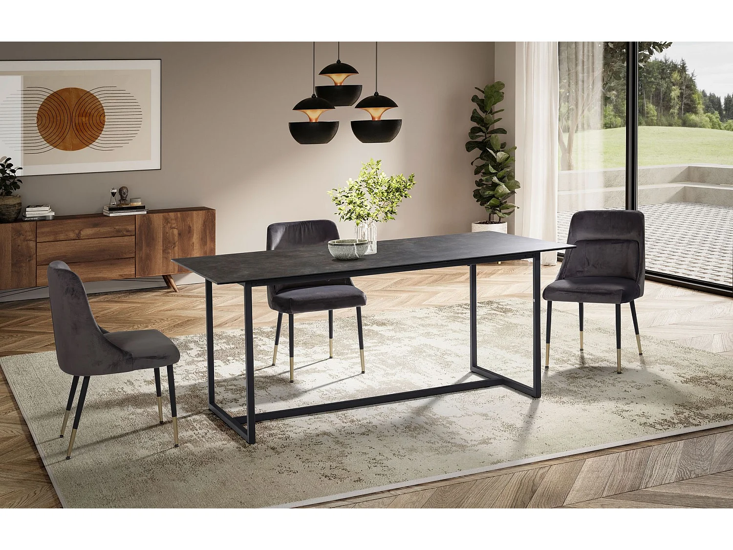 Table de Salle à Manger Cuisine 180 x 90 x 76 cm Noir Céramique Verre Grande Moderne