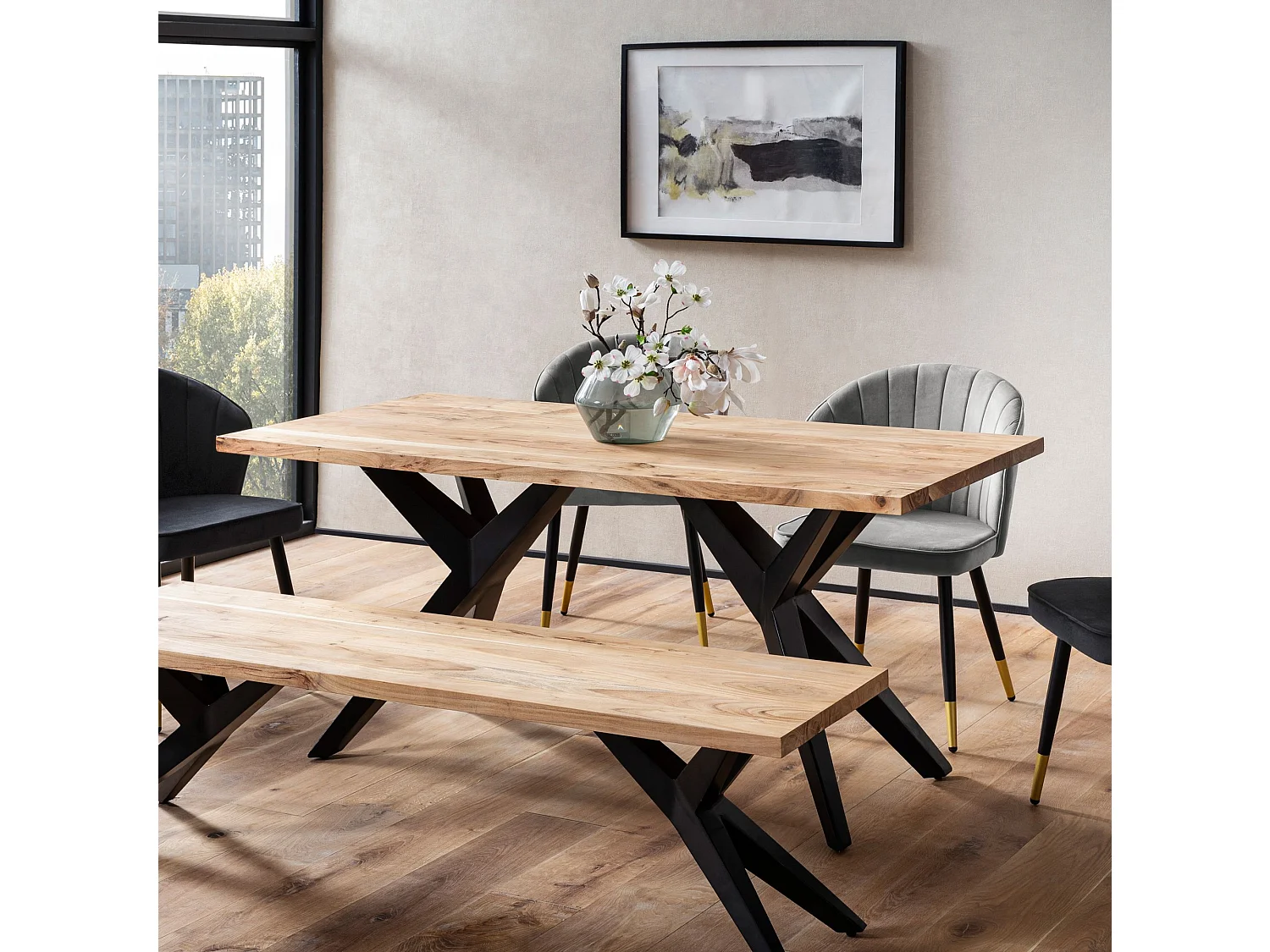 Table de Salle à Manger 160 x 80 x 76 cm Cuisine Bois Massif Métal Grande Industriel