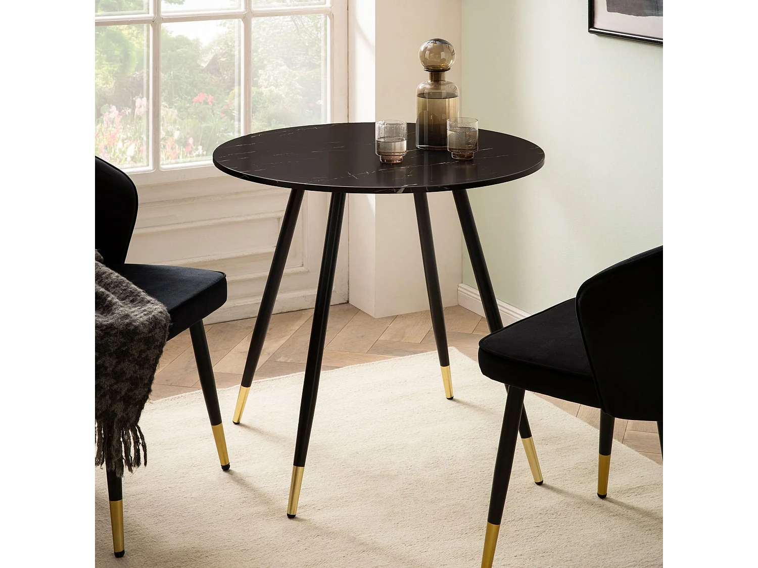 Table Salle à Manger 75 x 75 x 76 cm Petite Noir Effet Marbre Pieds Métal Moderne