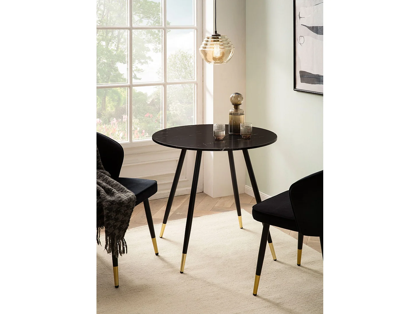 Table Salle à Manger 75 x 75 x 76 cm Petite Noir Effet Marbre Pieds Métal Moderne