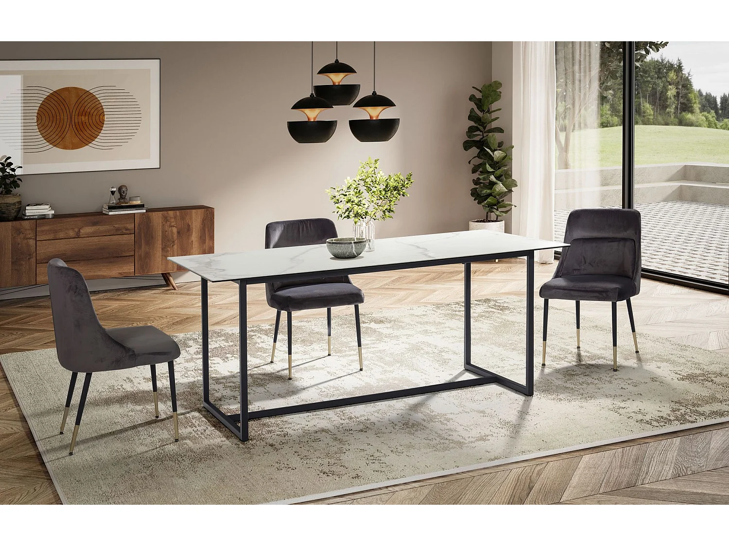 Table de Salle à Manger Cuisine 180 x 90 x 76 cm Céramique Verre Grande Moderne