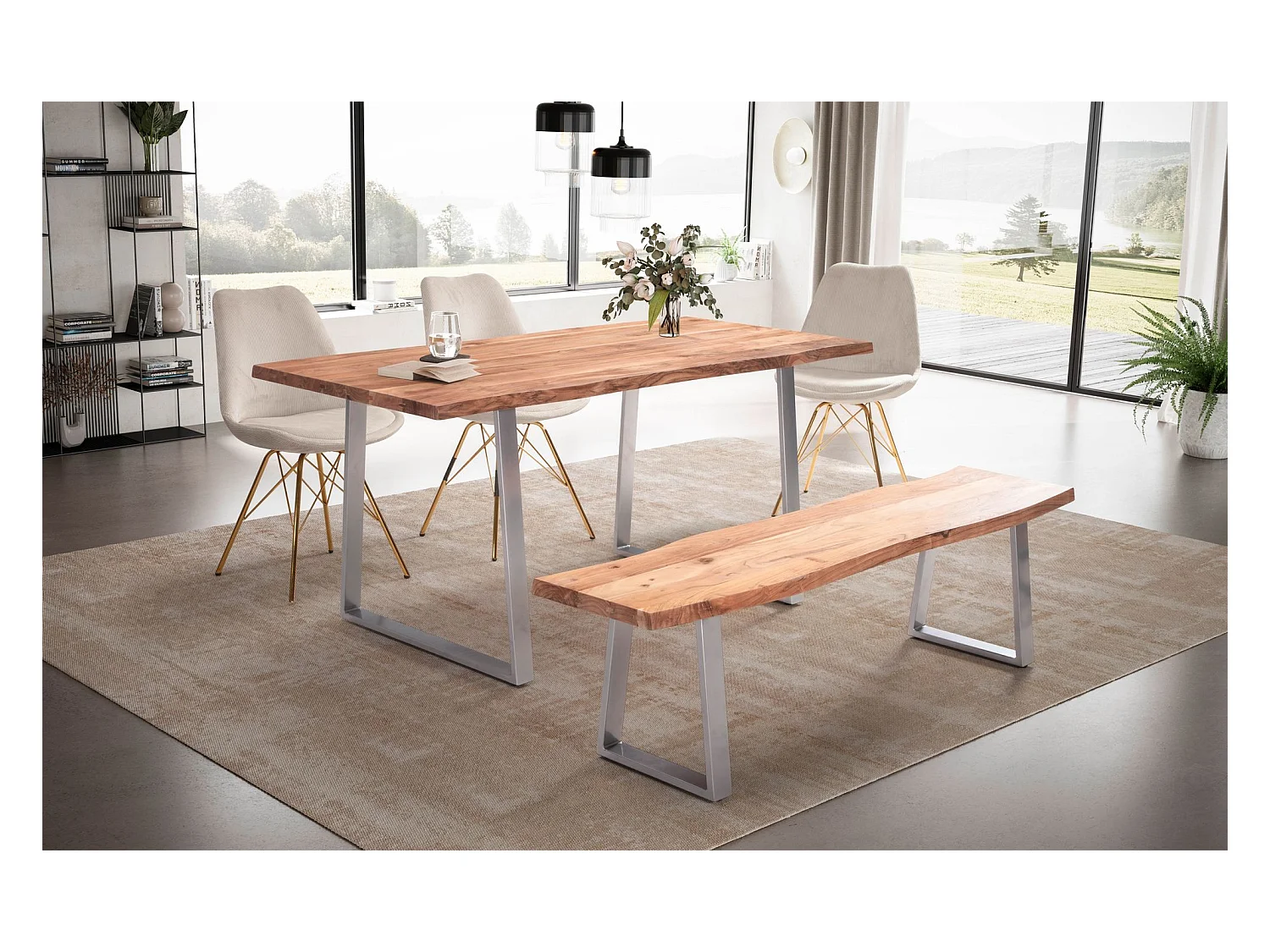 Table Salle à Manger 200 x 100 x 76 cm Bois Massif d’Acacia Métal Cuisine Bords Naturels