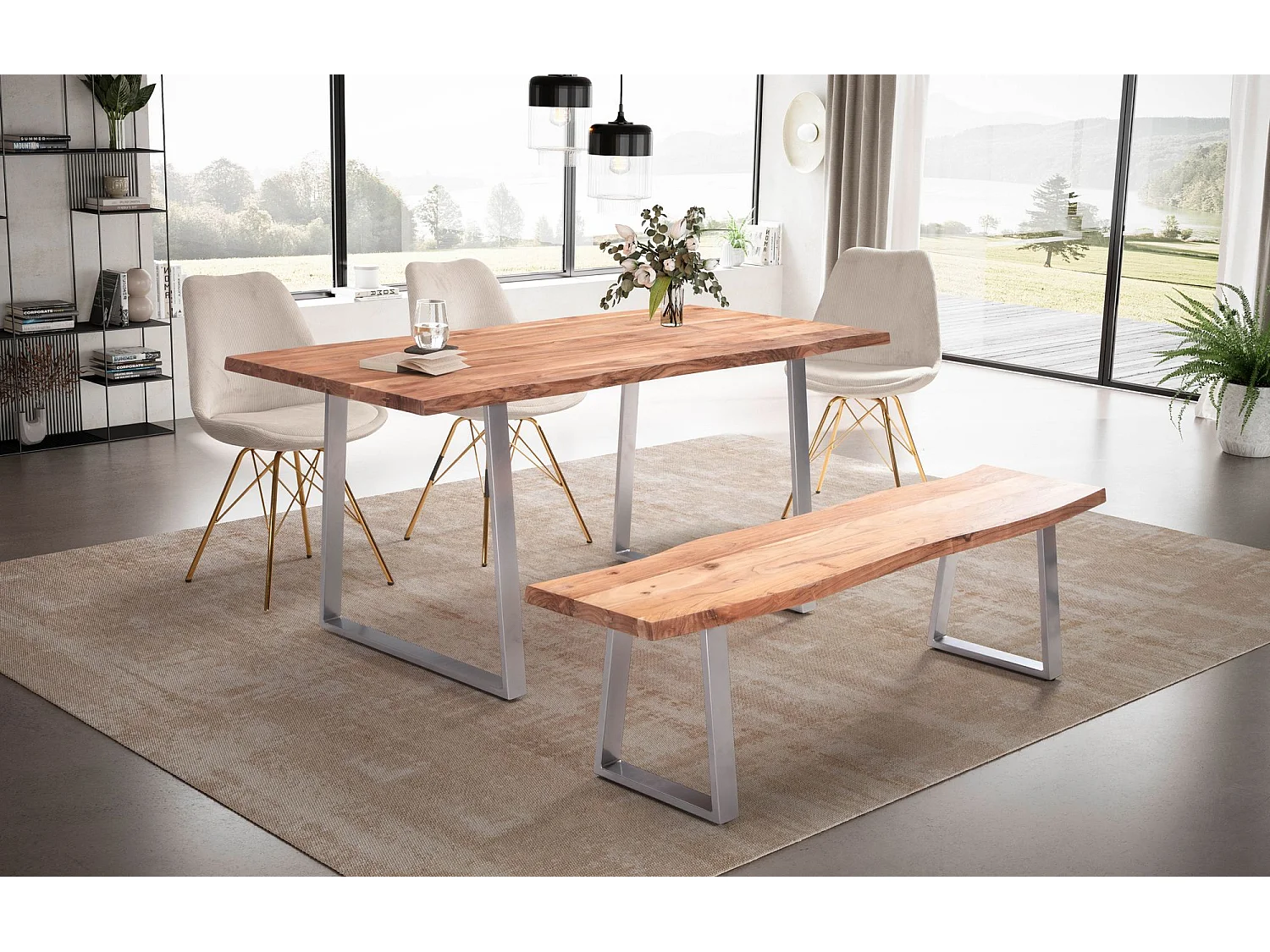 Table Salle à Manger 200 x 100 x 76 cm Bois Massif d’Acacia Métal Cuisine Bords Naturels