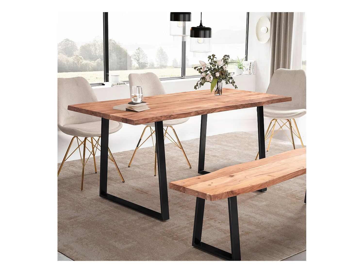 Table Salle à Manger 180 x 90 x 76 cm Bois Massif d’Acacia Métal Cuisine Bords Naturels