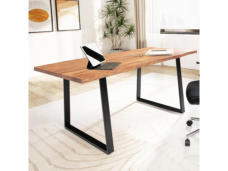 Bureau Bois Massif 160 x 80 x 76 cm Acacia Métal Table d’Ordinateur Bord Naturel Moderne