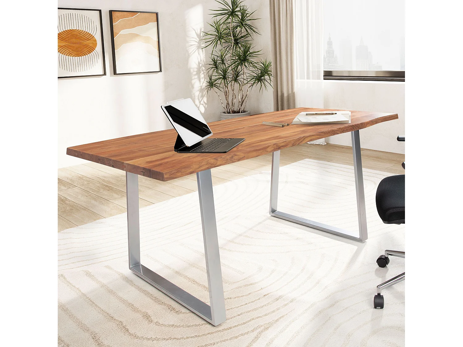 Bureau Bois Massif 140 x 80 x 76 cm Acacia Métal Table d’Ordinateur Bord Naturel Moderne