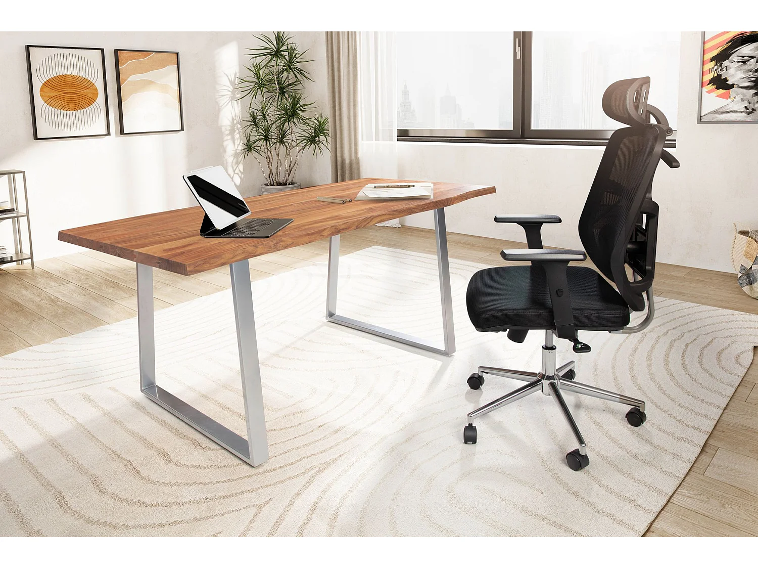 Bureau Bois Massif 140 x 80 x 76 cm Acacia Métal Table d’Ordinateur Bord Naturel Moderne