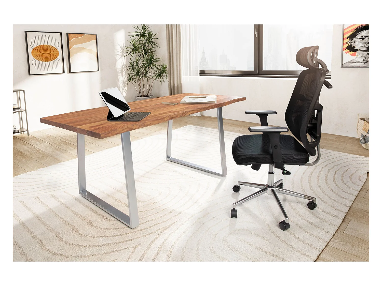 Bureau Bois Massif 200 x 100 x 76 cm Acacia Métal Table d’Ordinateur Bord Naturel Moderne