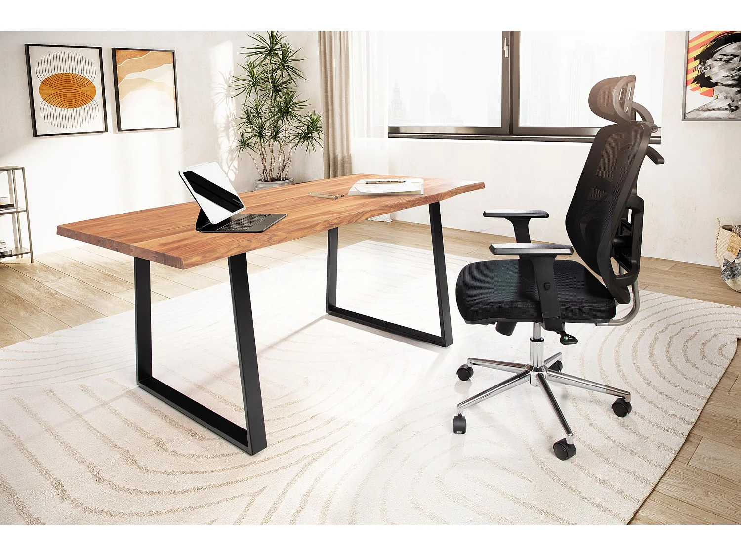 Bureau Bois Massif 180 x 90 x 76 cm Acacia Métal Table d’Ordinateur Bord Naturel Moderne