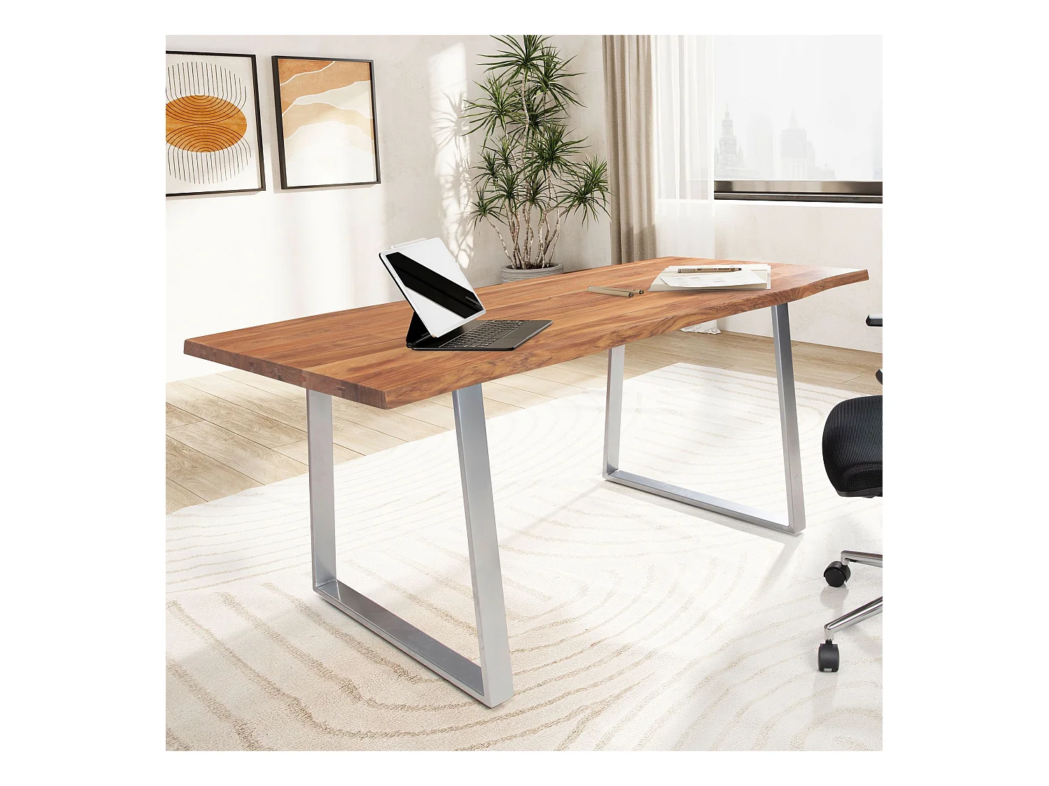 Bureau Bois Massif 180 x 90 x 76 cm Acacia Métal Table d’Ordinateur Bord Naturel Moderne