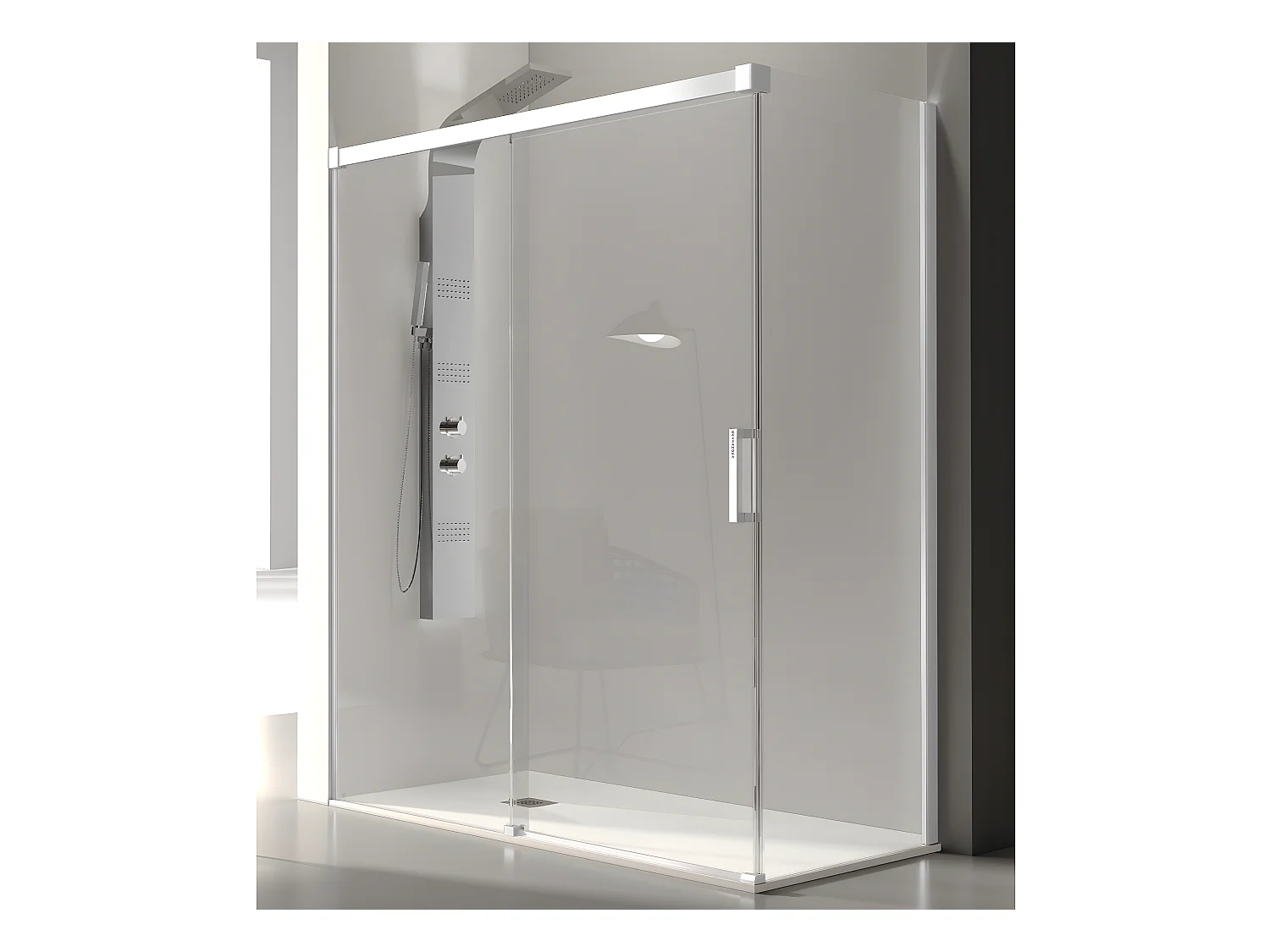 Frontal de ducha + Puerta Corredera 135 cm GLASÉ perfil Blanco Pared lateral: 66 - 69 cm