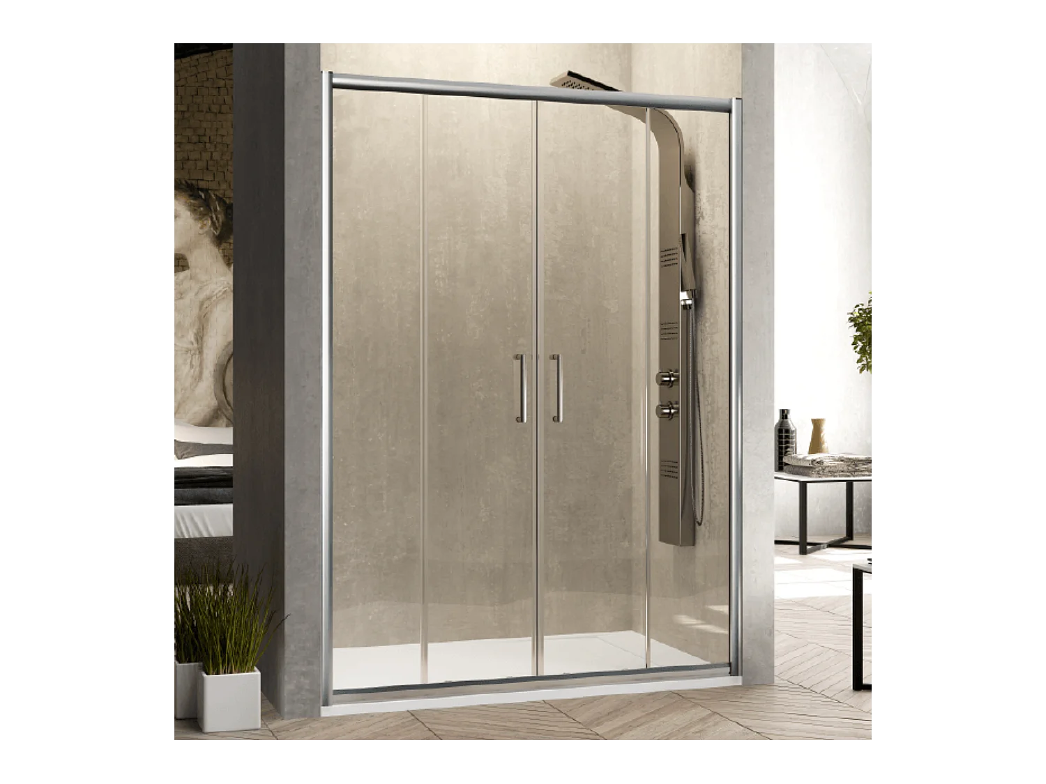 Frontal de ducha 2 Fijos  Lateral Fijo : 77 - 79 cm + 2 Puertas Correderas 150 cm 150 cm  BELLA  Lateral Fijo : 77 - 79 cm