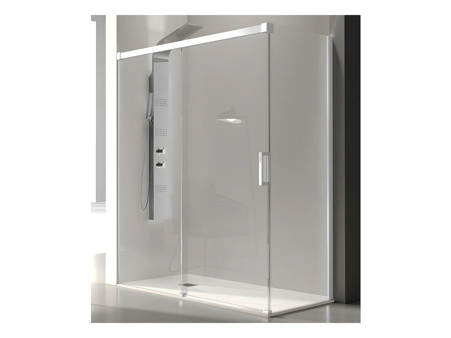 Frontal de ducha + Puerta Corredera 145 cm GLASÉ perfil Blanco Pared lateral: 76 - 79 cm