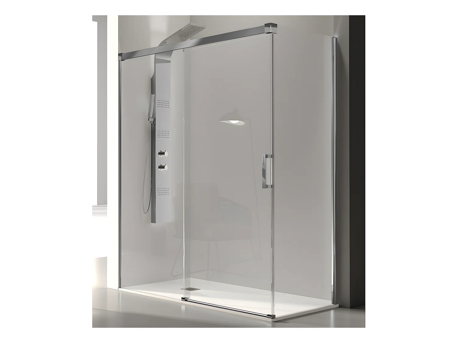 Frontal de ducha + Puerta Corredera 150 cm GLASÉ perfil Cromado Pared lateral: 76 - 79 cm