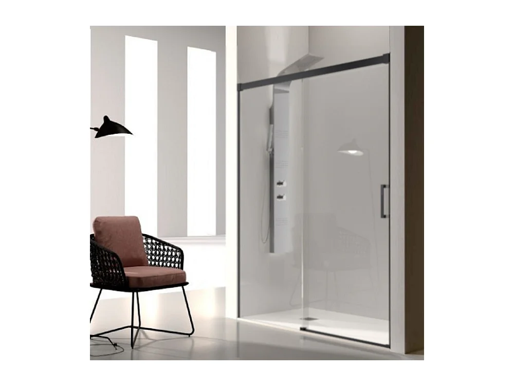 Frontal de ducha + Puerta Corredera 130 cm GLASÉ perfil Negro mate Sin pared lateral