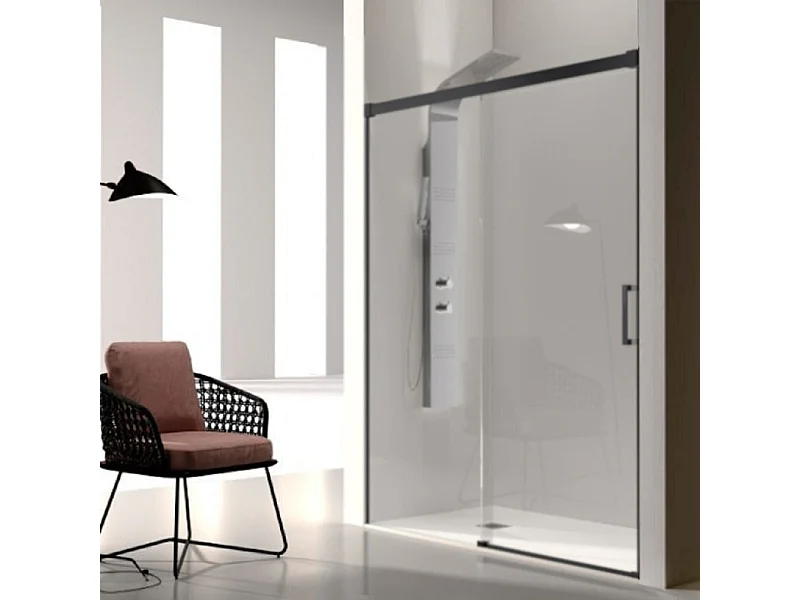 Paroi de douche fixe + Porte coulissante GLASÉ profil noir mat 130 cm Sans paroi latérale