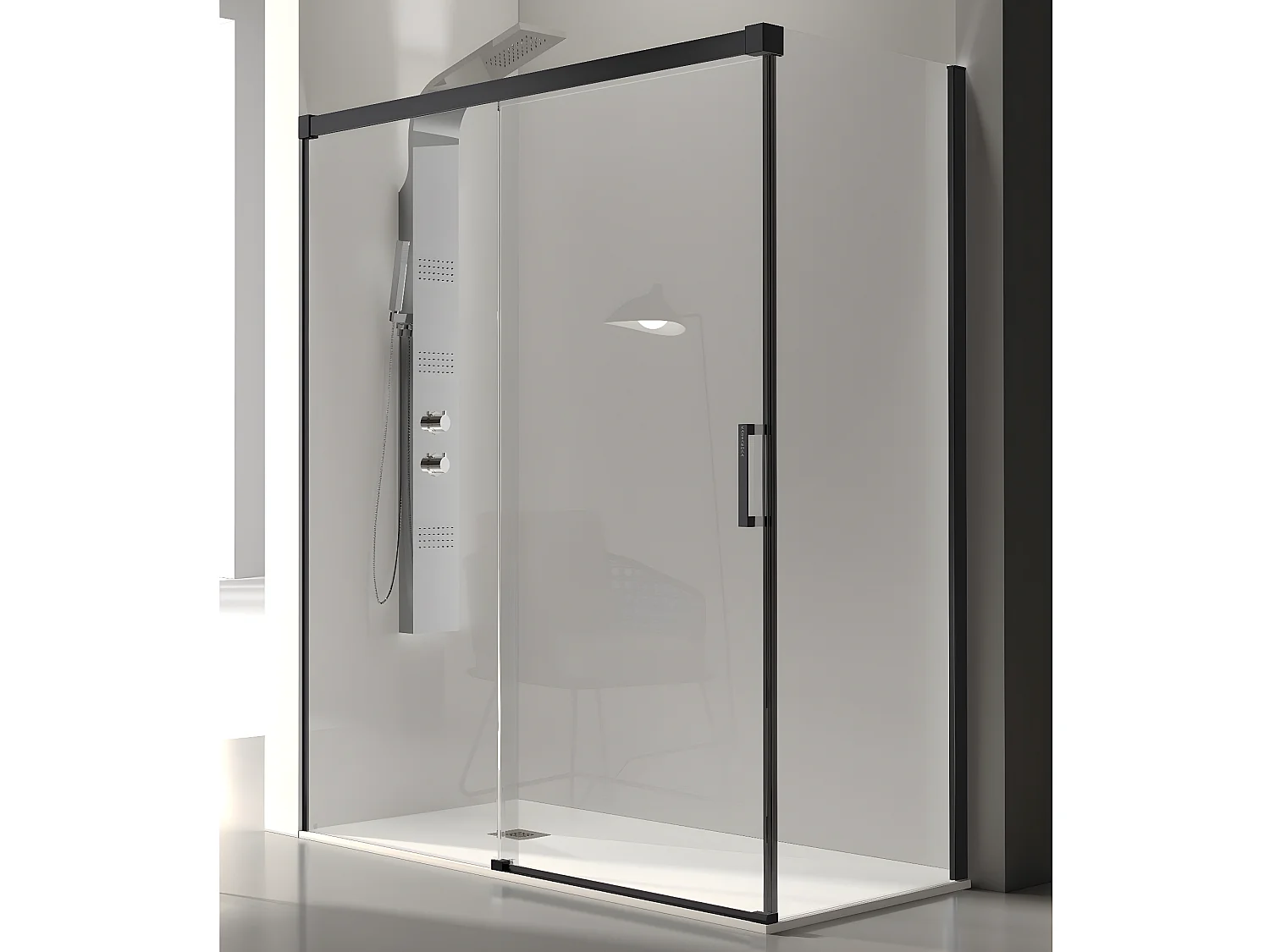 Frontal de ducha + Puerta Corredera 125 cm GLASÉ perfil Negro mate Pared lateral: 76 - 79 cm
