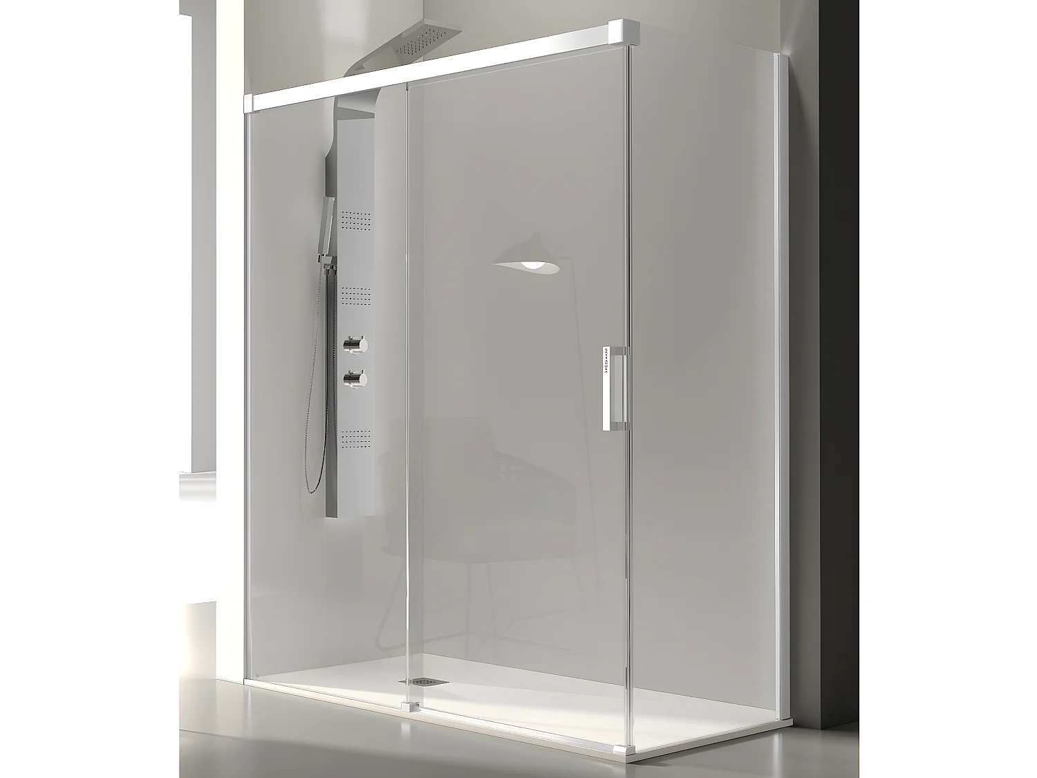 Frontal de ducha + Puerta Corredera 130 cm GLASÉ perfil Blanco Pared lateral: 76 - 79 cm