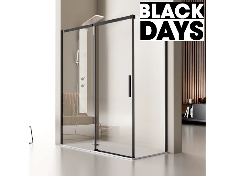 Paroi de douche fixe + Porte coulissante LUNA profil noir mat 150 cm Sans paroi latérale