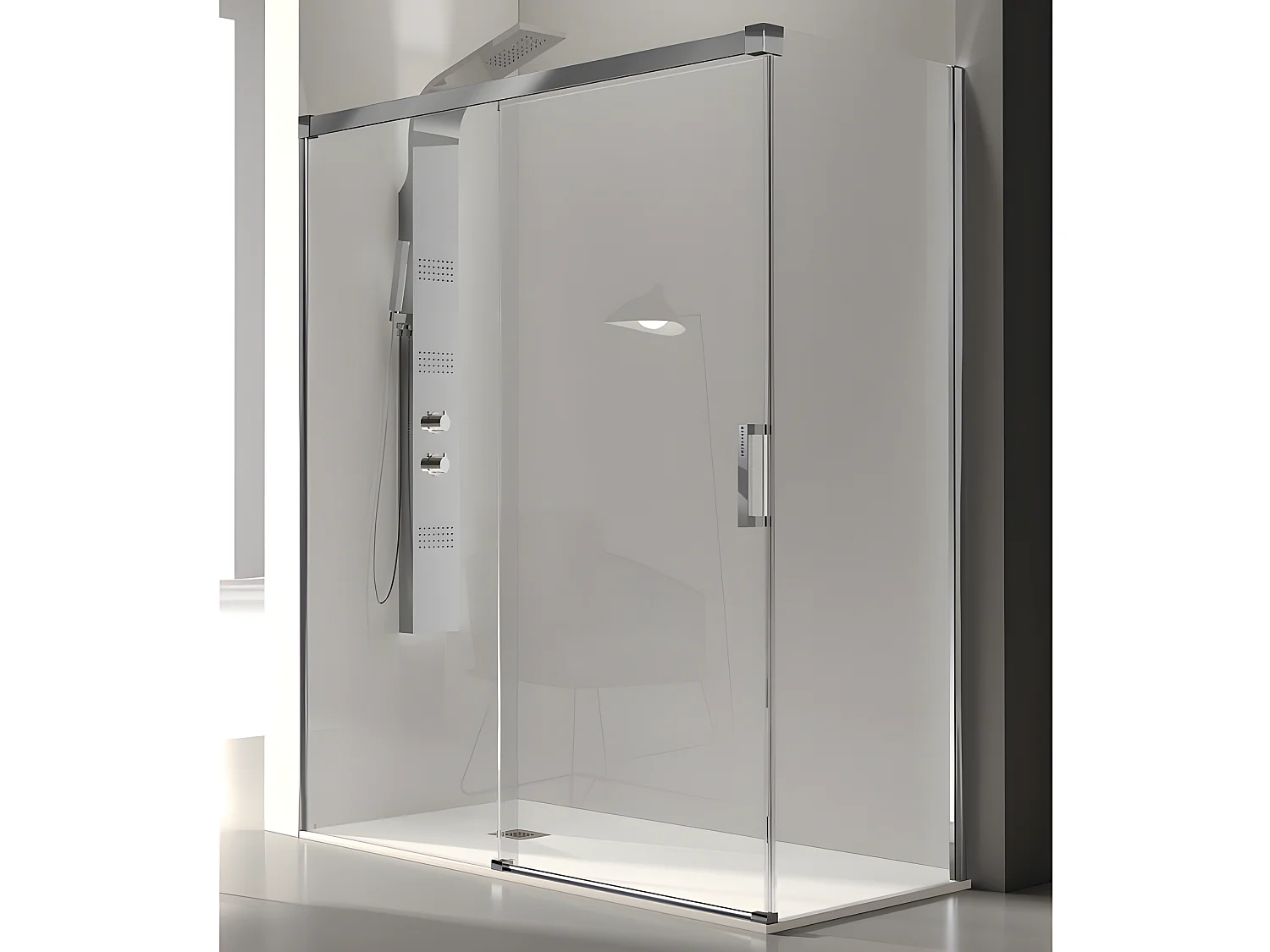 Paroi de douche fixe + Porte coulissante GLASÉ profil blanc 135 cm Sans paroi latérale