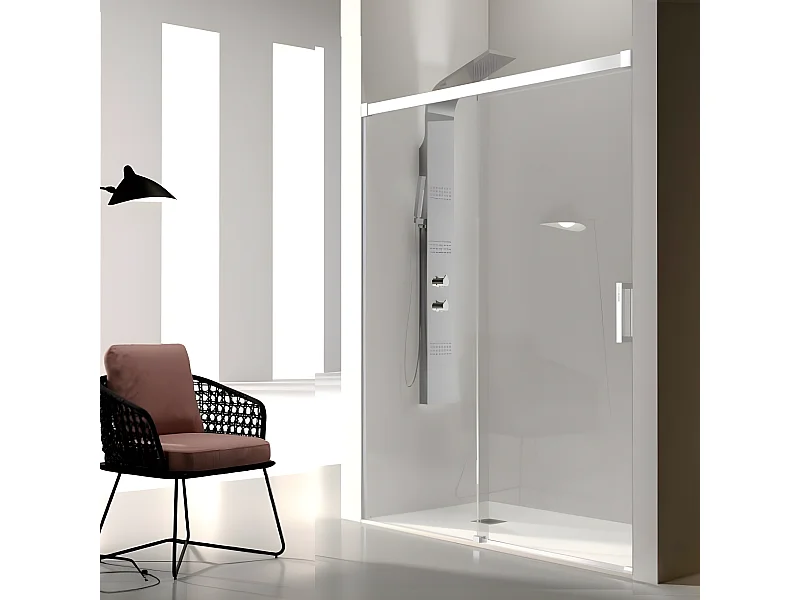 Paroi de douche fixe + Porte coulissante GLASÉ profil blanc 165 cm Sans paroi latérale