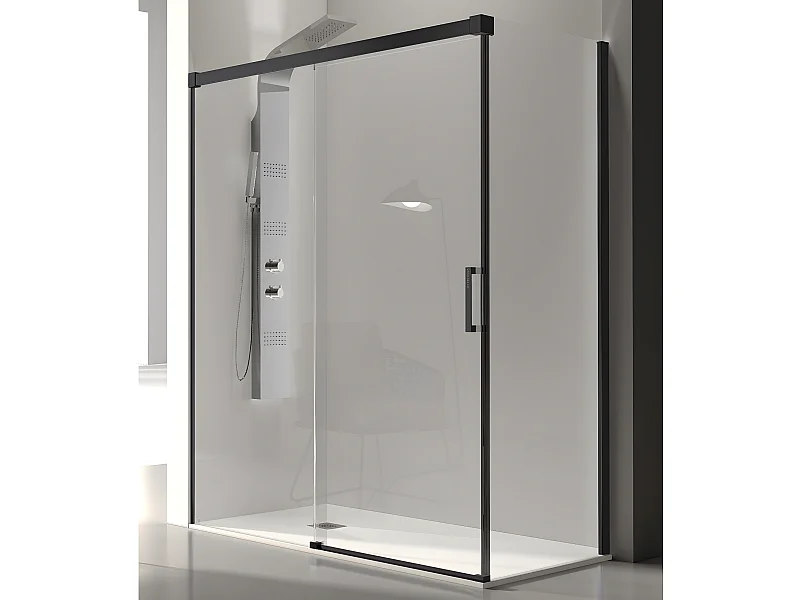 Frontal de ducha + Puerta Corredera 150 cm GLASÉ perfil Negro mate Pared lateral: 76 - 79 cm