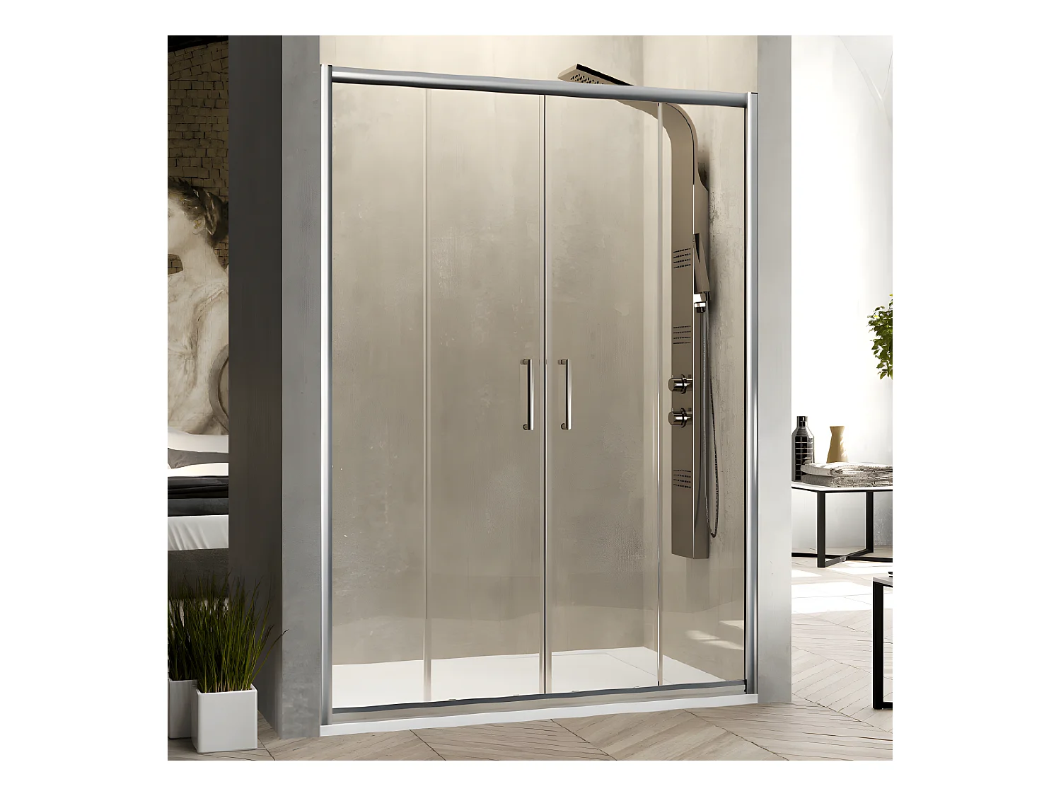 Frontal de ducha 2 Fijos  Lateral Fijo : 67 - 69 cm + 2 Puertas Correderas 180 cm 180 cm  BELLA  Lateral Fijo : 67 - 69 cm