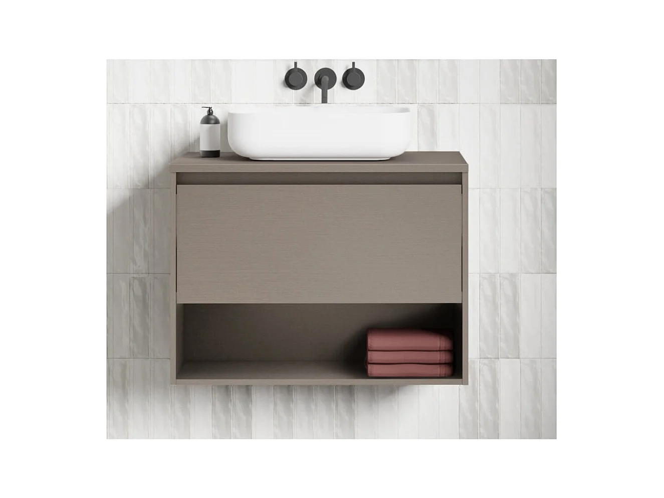 Meuble salle de bain suspendu avec vasque posée NIWA TOP  fumé sablé 80 cm Gris  Miroir non inclus