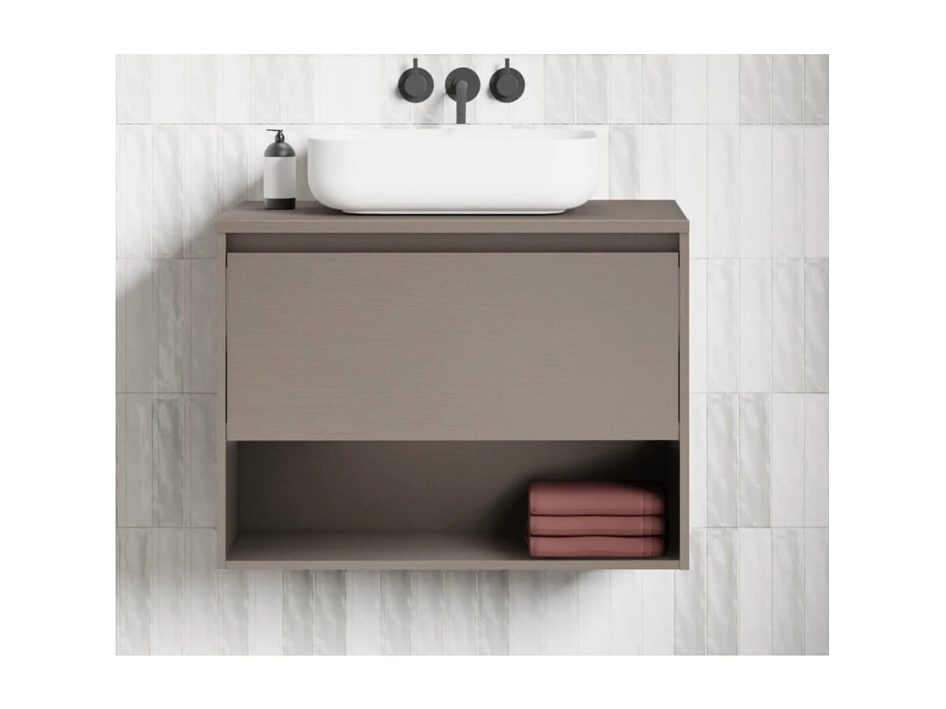 Meuble salle de bain suspendu avec vasque posée NIWA TOP  fumé sablé 80 cm Gris  Miroir non inclus