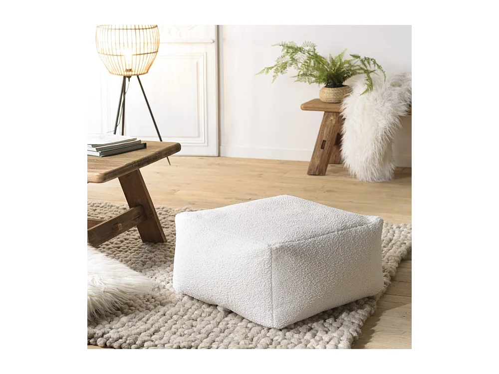 AGATHE - Pouf carré 53x53cm tissu bouclette blanc