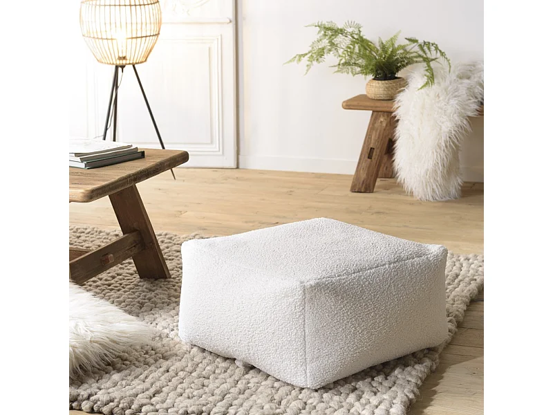 AGATHE - Pouf carré 53x53cm tissu bouclette blanc